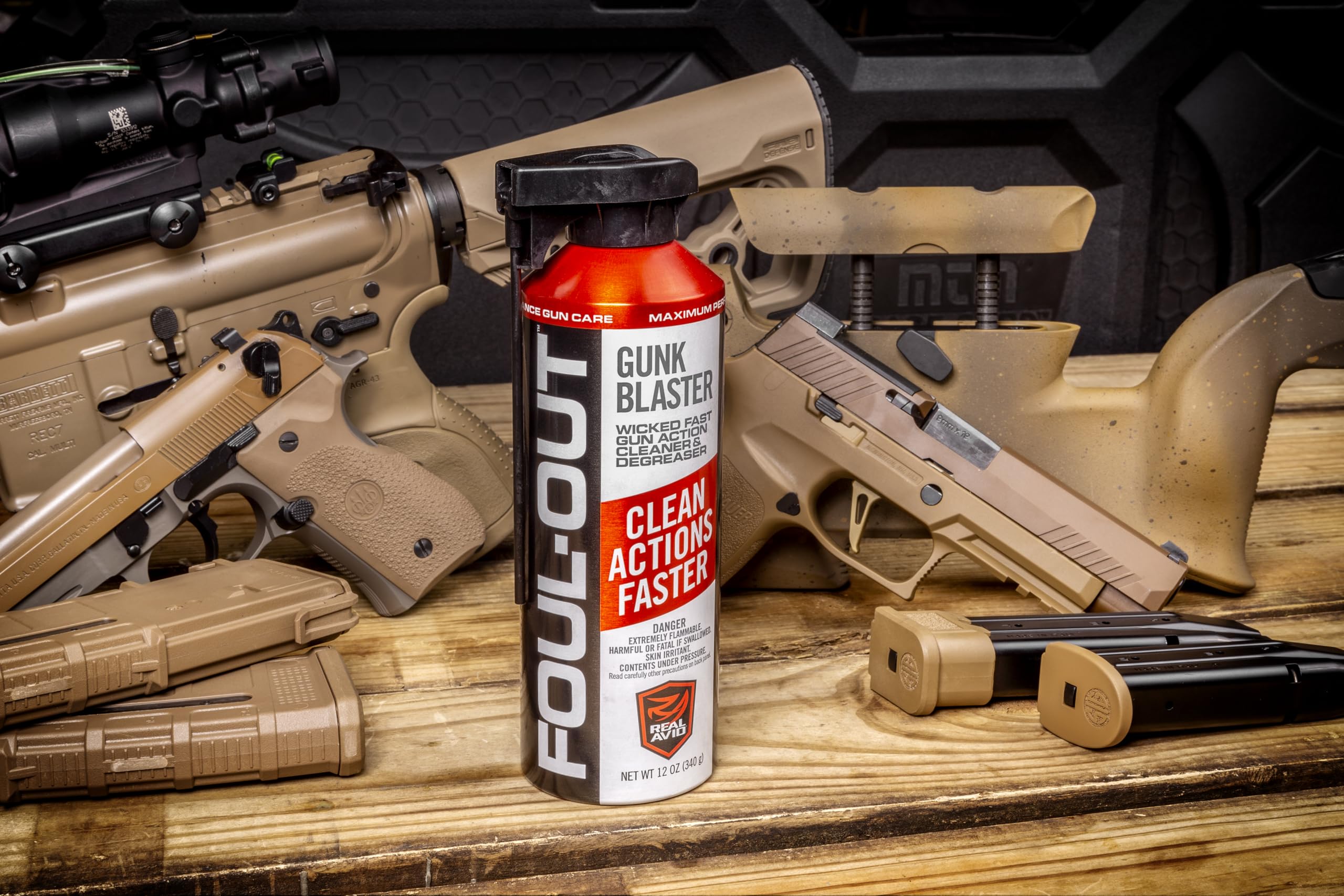 Safe on finishes: blued steel, case-hardened steel, brass, Cerakote