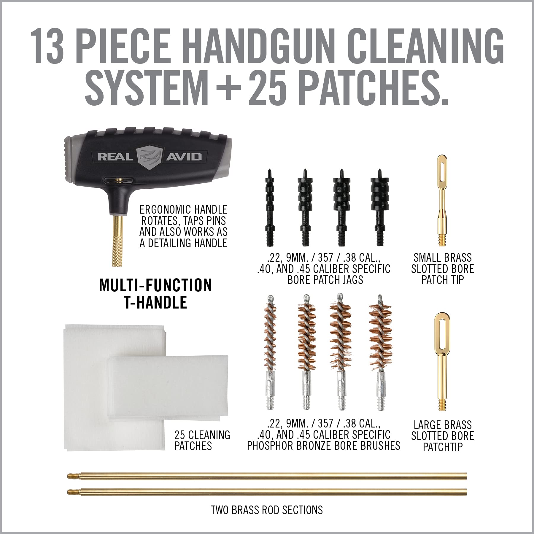 Jags and patch tips included in Real Avid PRO Handgun Cleaning Kit