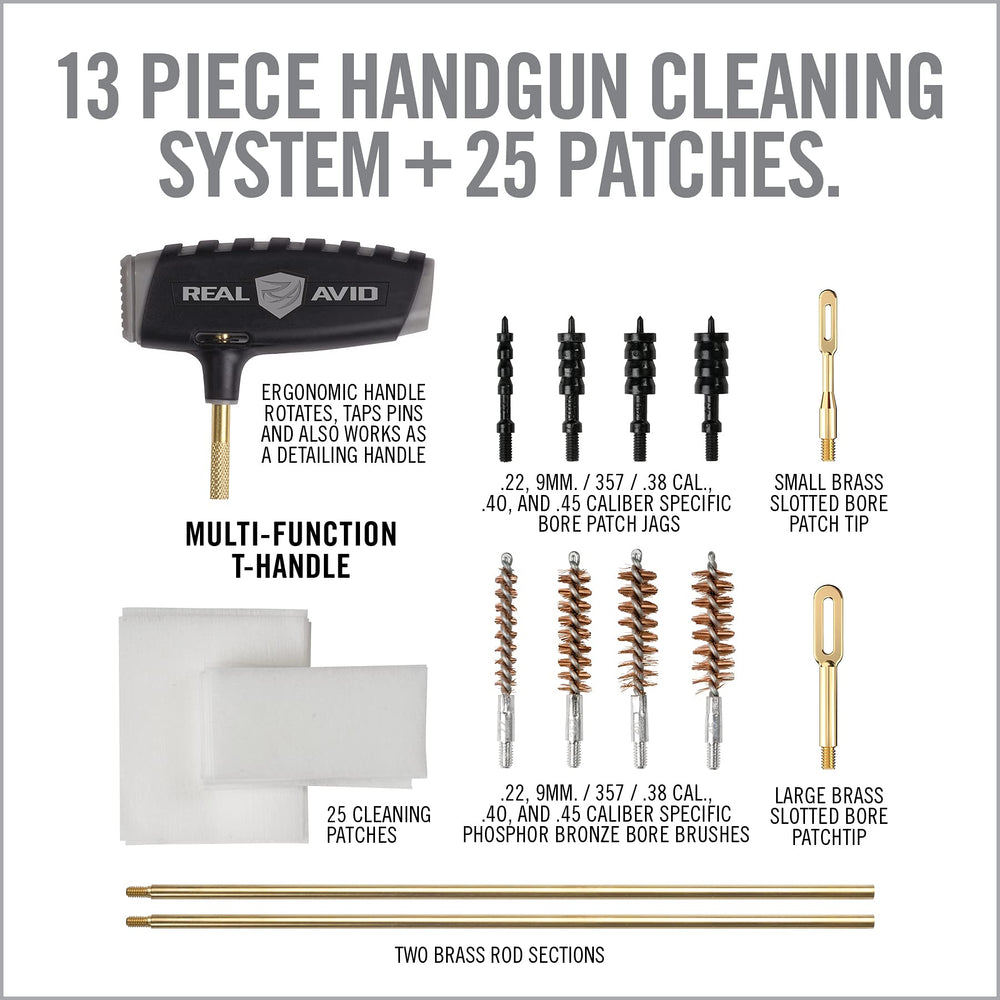 Jags and patch tips included in Real Avid PRO Handgun Cleaning Kit