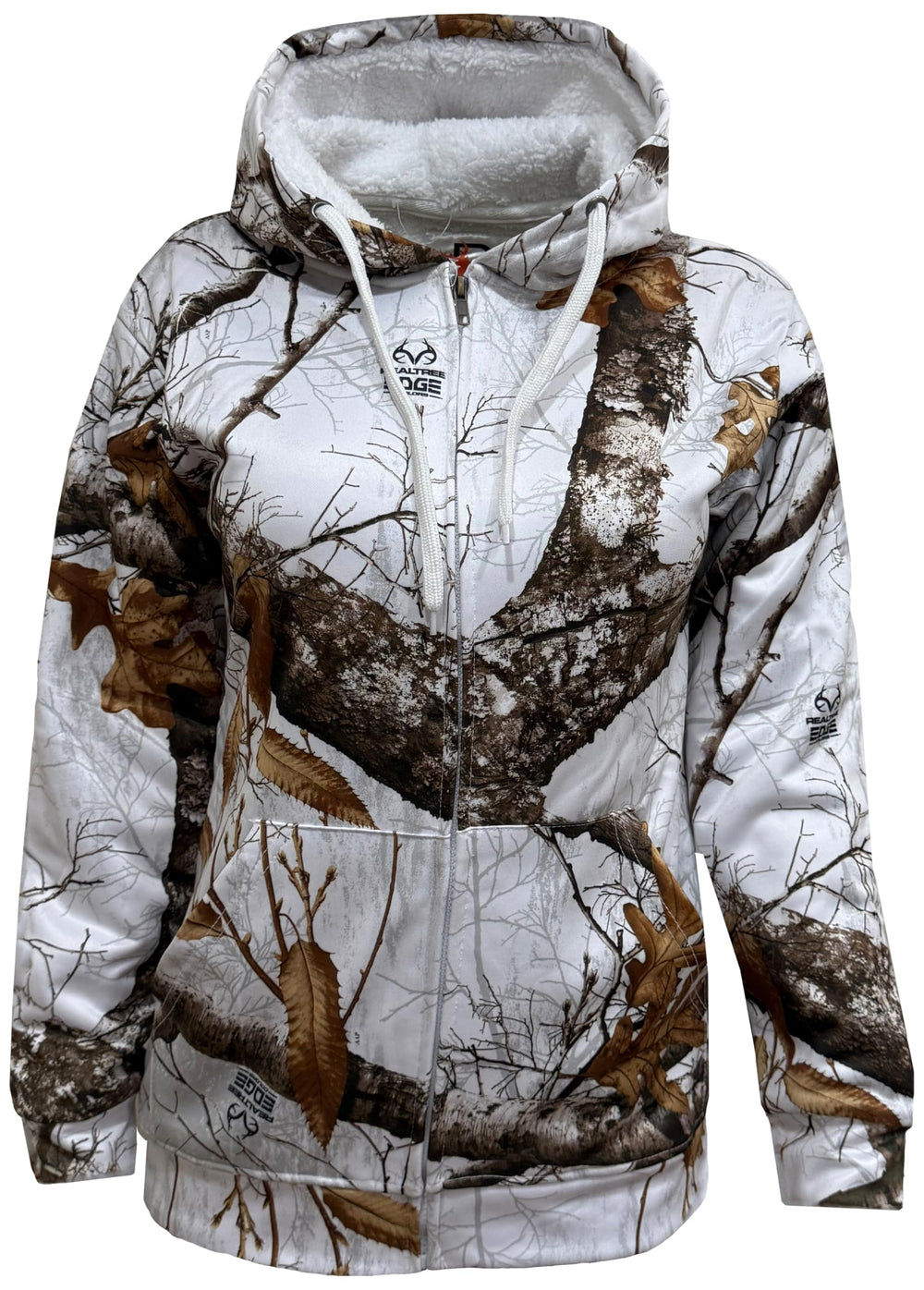 Realcamo Women's Edge Snow White Camouflage Hoodie with front-zip for easy layering.