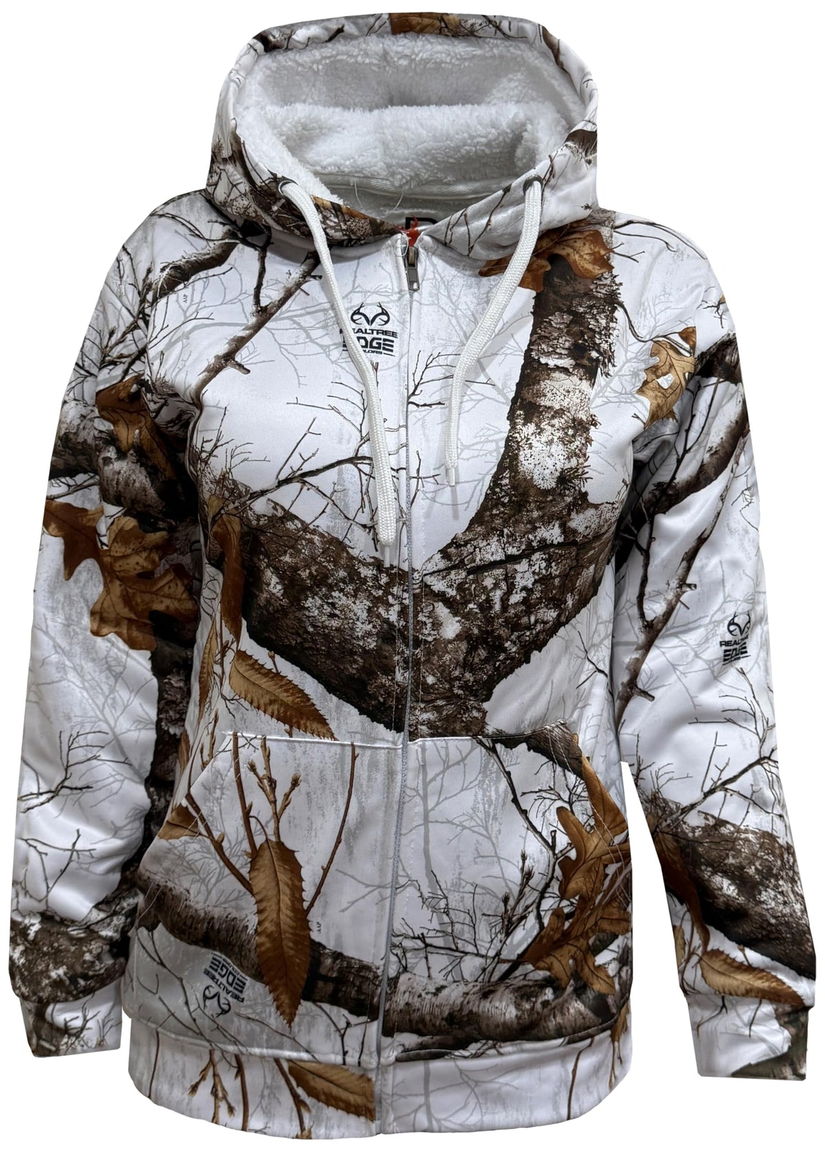 Realcamo Women's Edge Snow White Camouflage Hoodie with front-zip for easy layering.
