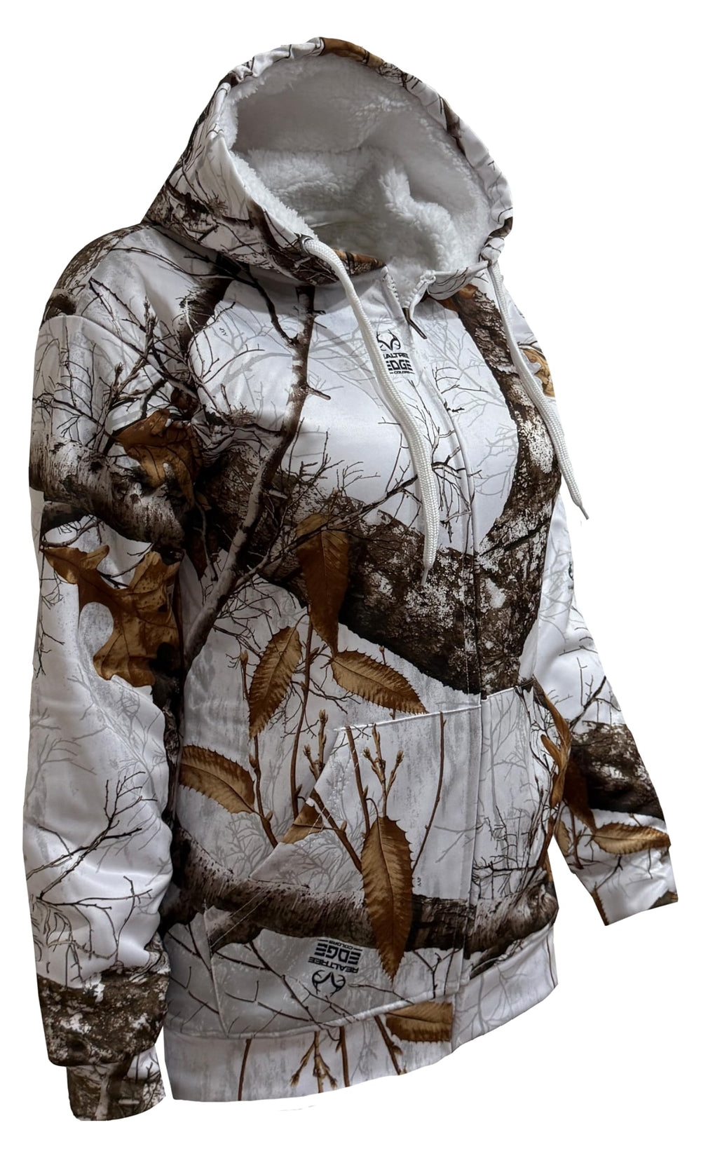 Realcamo hoodie with sherpa lining and attached hood in winter-ready camouflage.