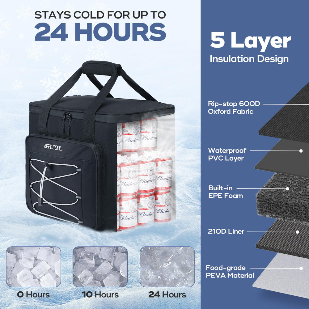 RealCool collapsible cooler with padded strap enables hands-free outdoor portability.