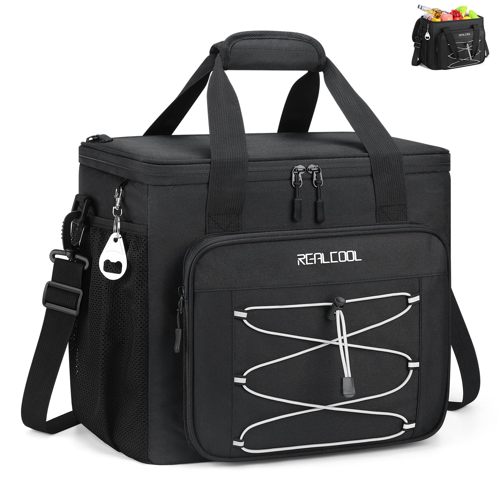 RealCool soft cooler bag opened with insulated interior for fresh snacks on the go.