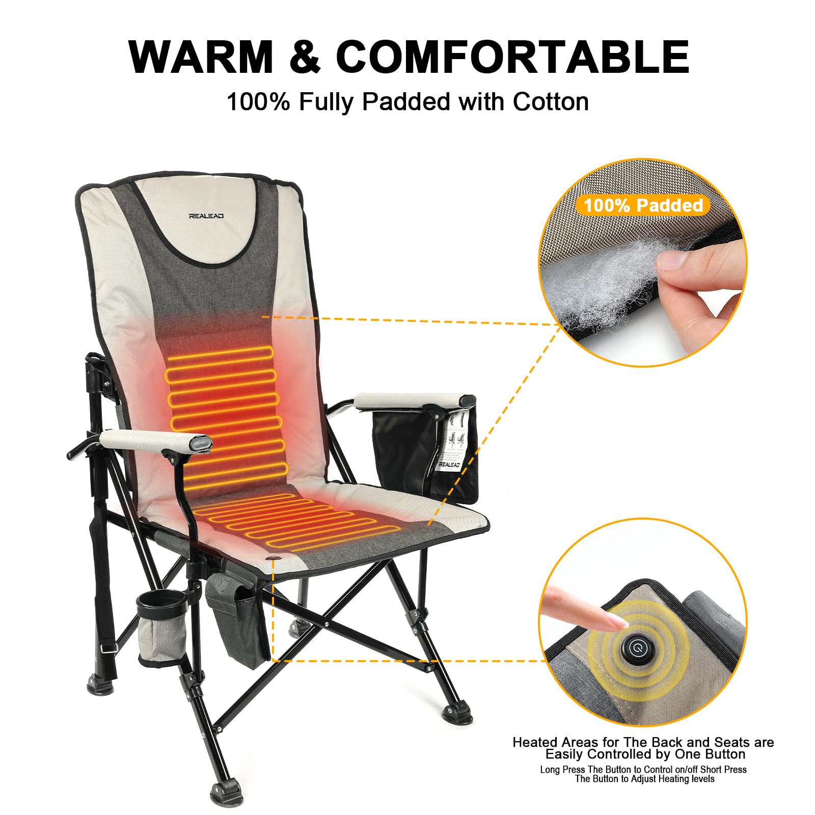 REALEAD heated camping chair side storage pockets for phone or map