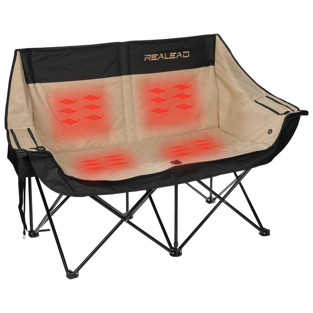 REALEAD heated double chair folded in carrying bag for portable warmth.