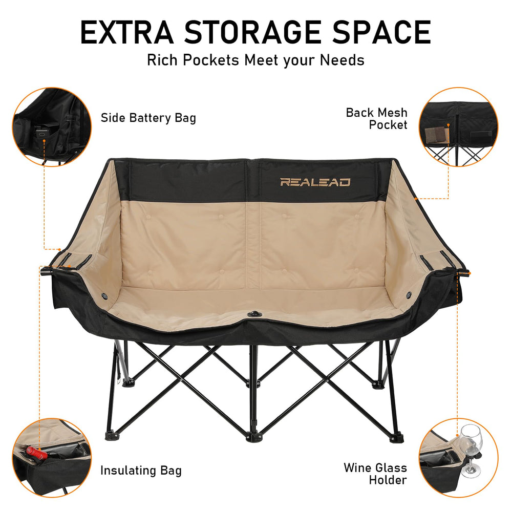 REALEAD heated double chair outdoor use shows foldable portability for events.