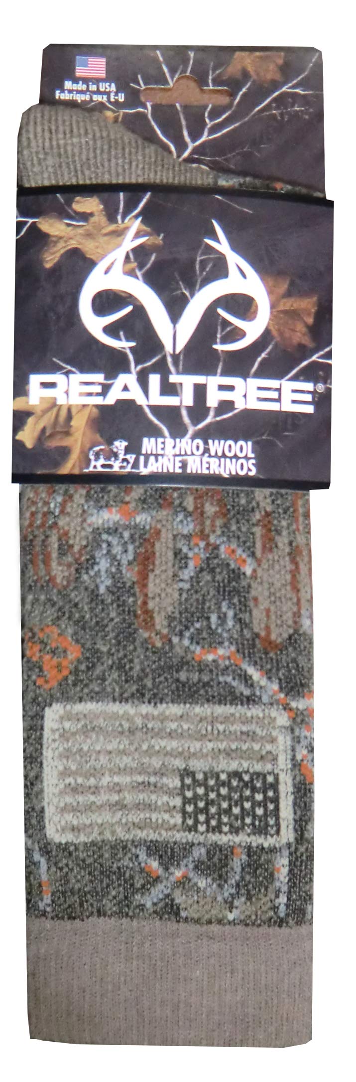 REALTREE Ameri-Camo Merino Wool Boot Sock in Mocha highlights reinforced heel and toe for durable outdoor wear.