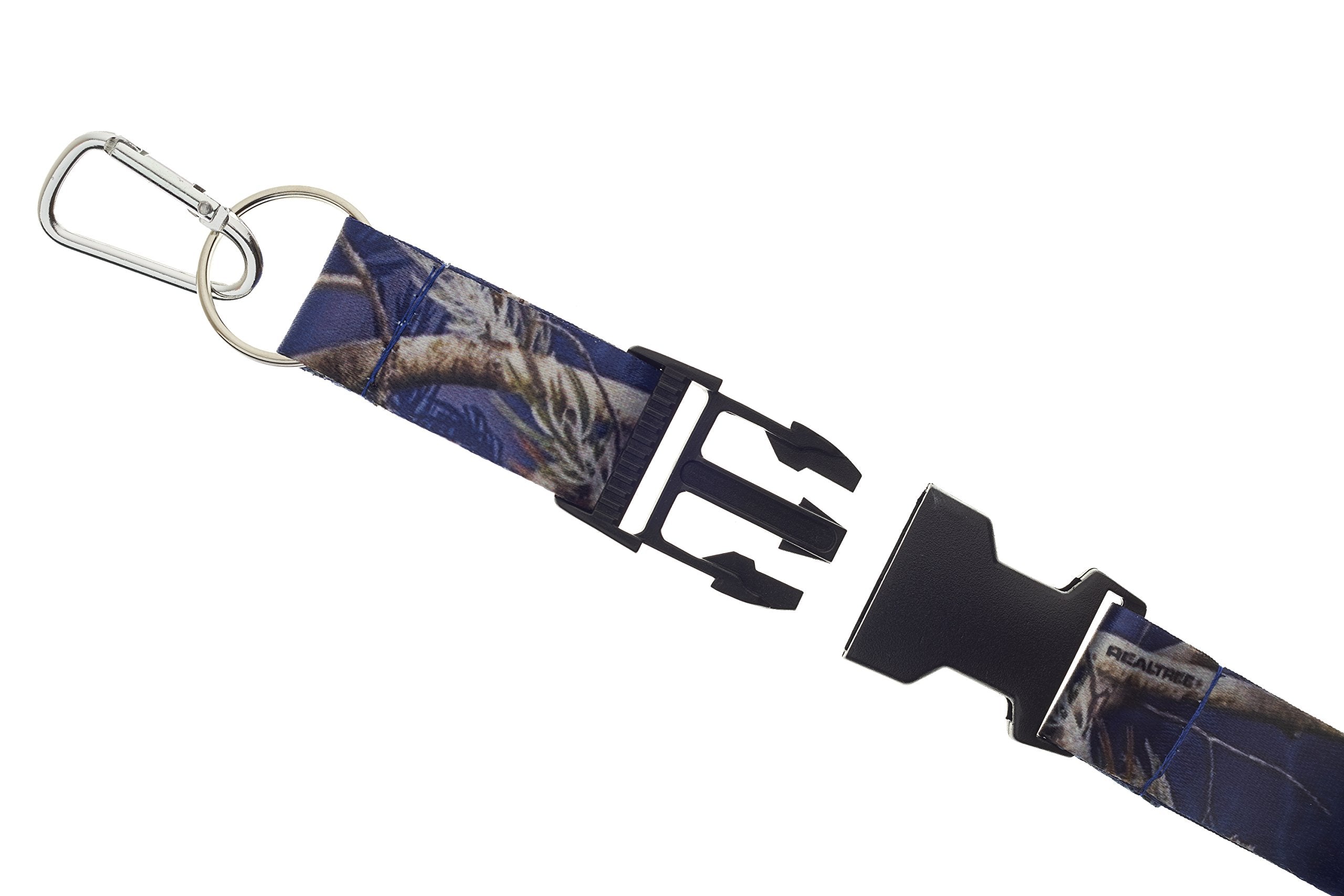 Realtree blue camo lanyard aluminum mini-carabiner close-up for secure attachments.