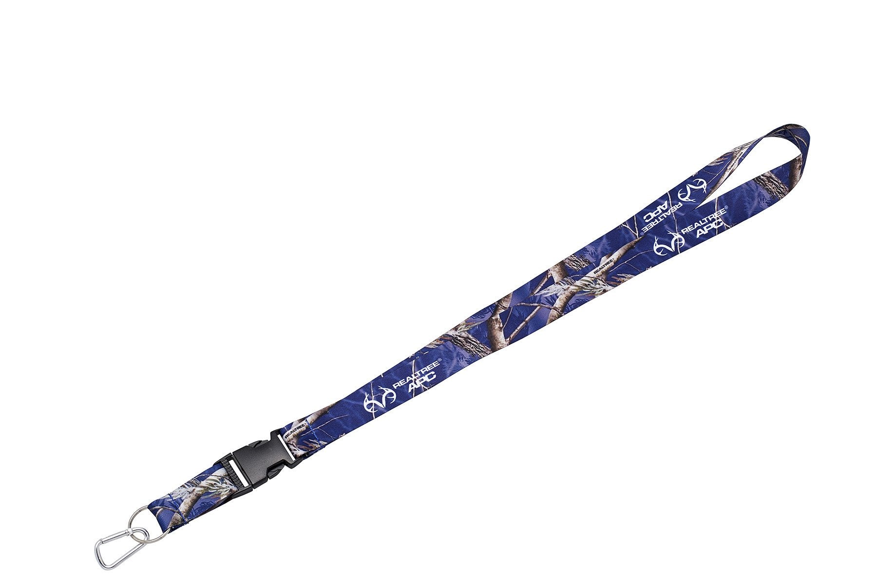 Realtree blue camo lanyard detachable keyring close-up showing versatile removal.