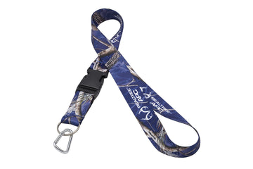 Realtree blue camo lanyard full view highlighting durable polyester webbing for everyday carry.