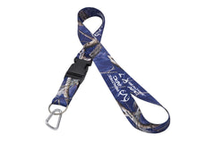 Realtree blue camo lanyard full view highlighting durable polyester webbing for everyday carry.