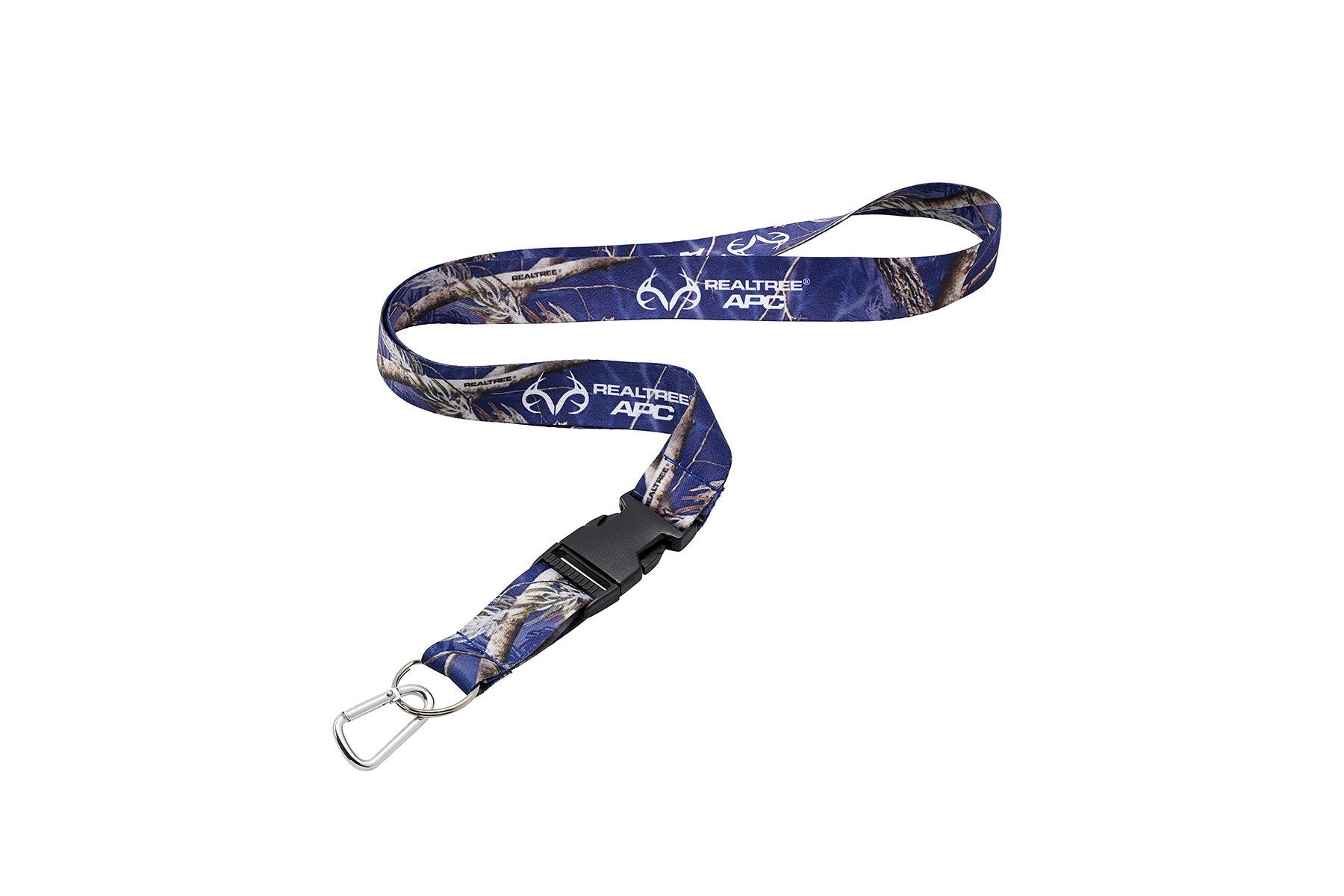 Realtree blue camo lanyard worn on a backpack for hands-free access.