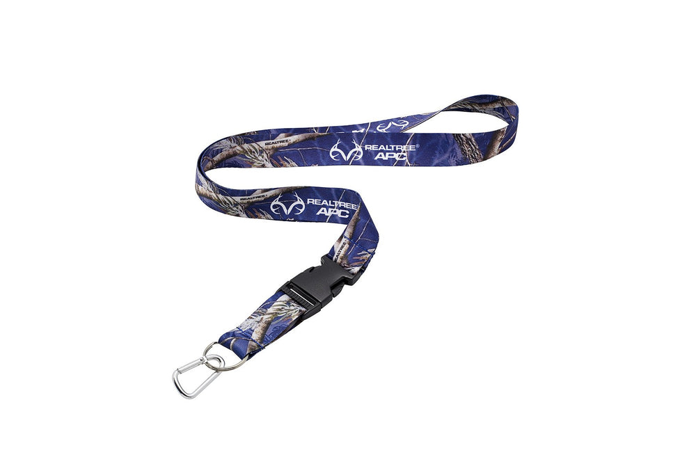 Realtree blue camo lanyard worn on a backpack for hands-free access.