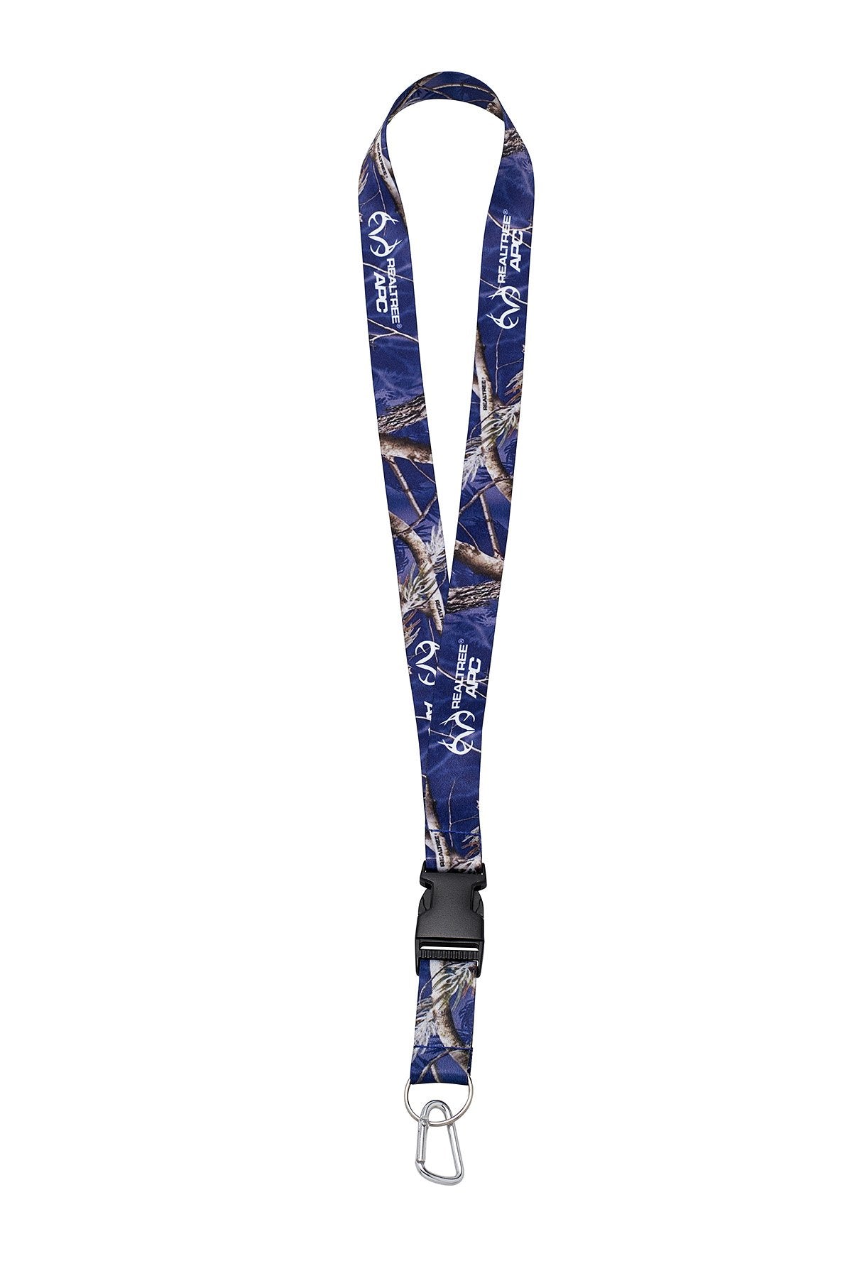 Realtree blue camo lanyard quick-release buckle close-up for easy detachment.