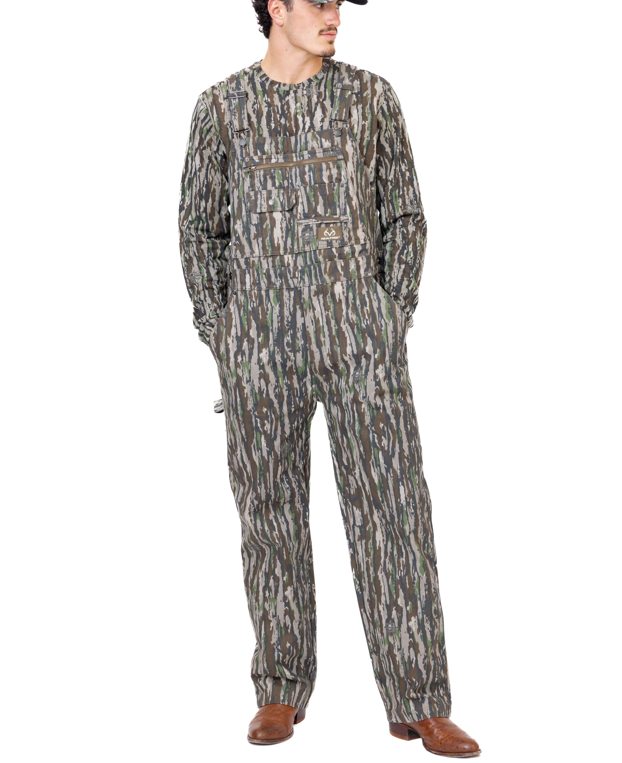 Realtree men's camo bib overalls front pocket for gear organization.