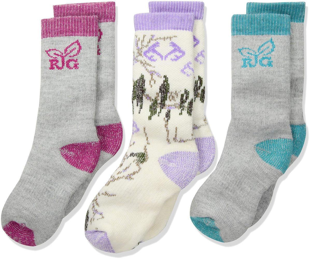 Realtree Girl's mid-calf socks in grey-pink for everyday wear and play