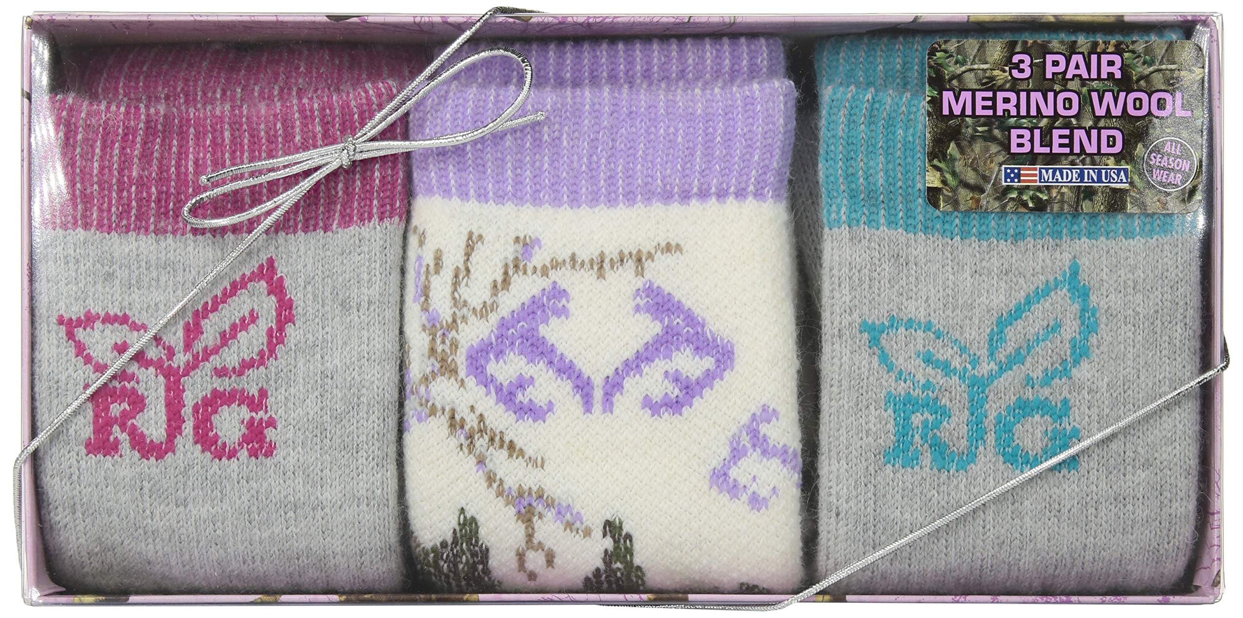 Realtree Girl's mid-calf socks in grey-purple with durable comfort