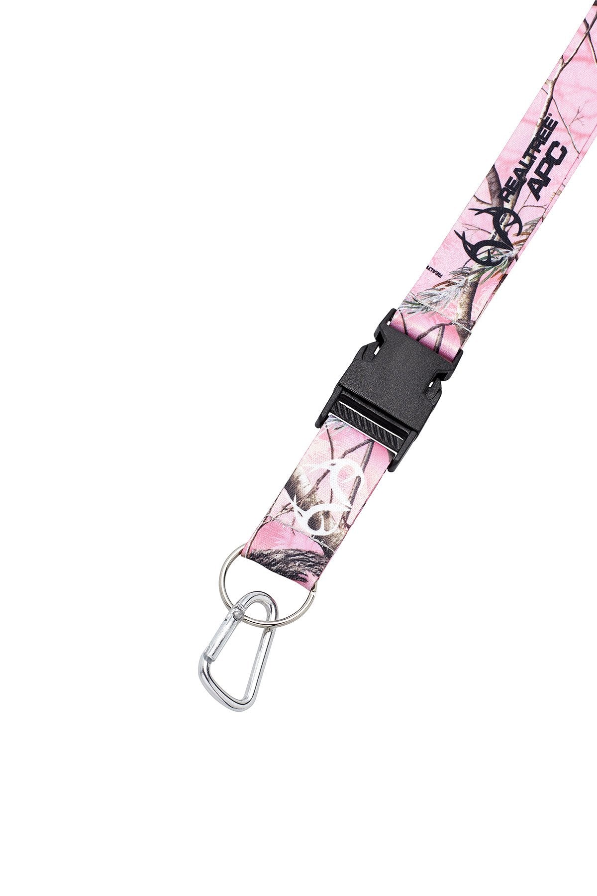 Heavy-duty nylon key ring with aluminum carabiner included with Realtree lanyard.