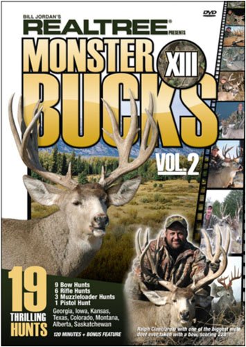 Realtree Outdoors Monster Bucks XIII DVD Vol 2 cover art, showcasing rugged camouflage and action-packed deer hunt.