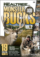 Realtree Outdoors Monster Bucks XIII DVD Vol 2 cover art, showcasing rugged camouflage and action-packed deer hunt.