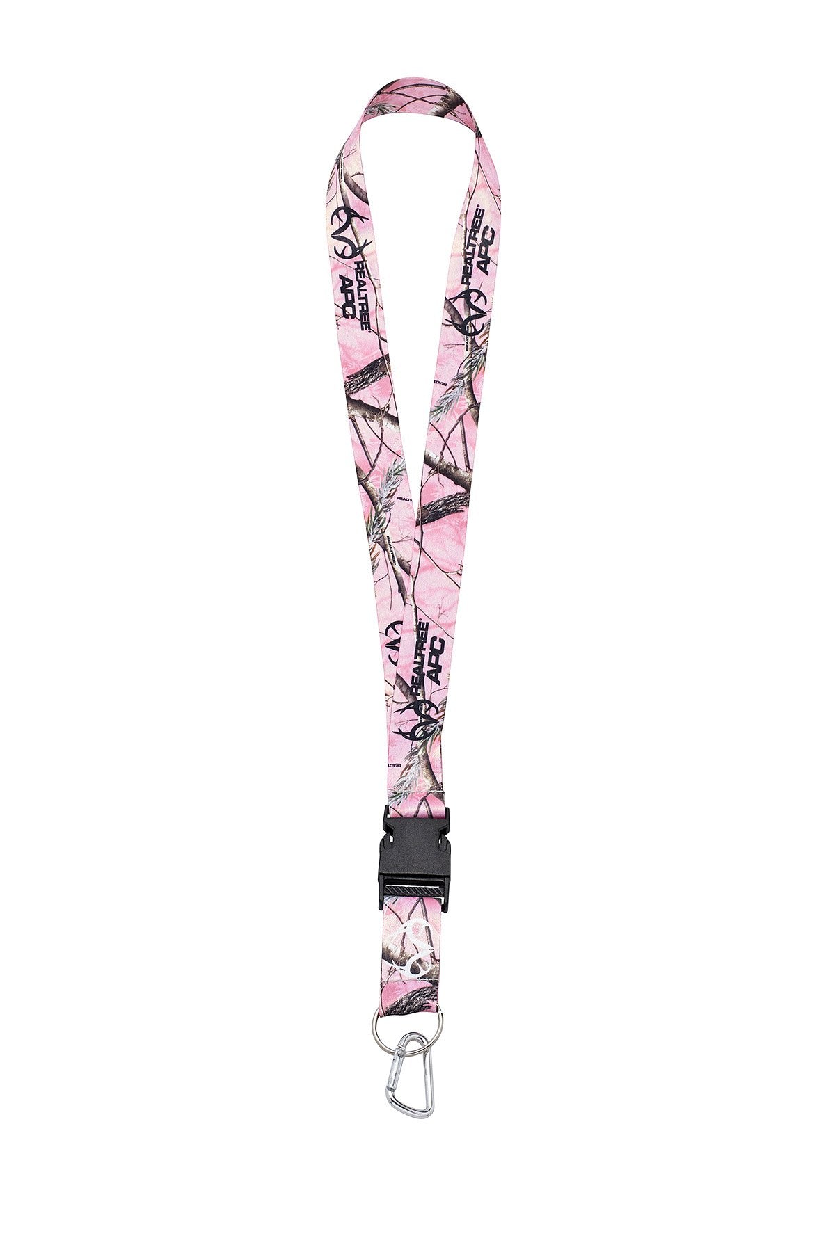 Close-up of Realtree pink camo carabiner on lanyard for reliable access.