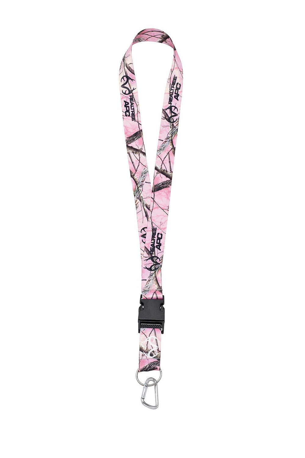 Close-up of Realtree pink camo carabiner on lanyard for reliable access.