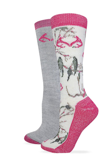 Realtree RT women's merino boot socks in fuchsia camo offer all-day comfort and warmth.