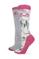 Realtree RT women's merino boot socks in fuchsia camo offer all-day comfort and warmth.