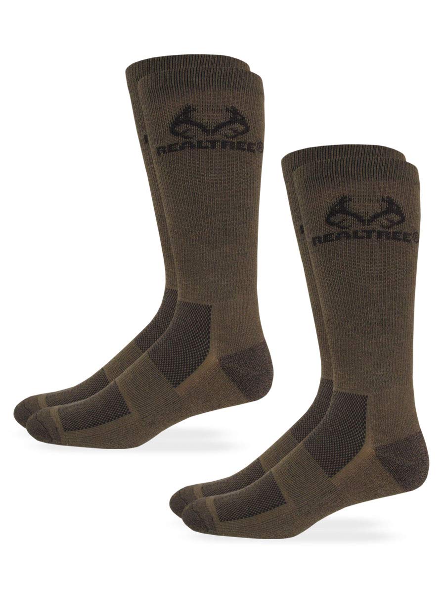 Realtree Ultra-Dri brown crew socks 2-pack keep feet dry and comfortable during outdoor wear.