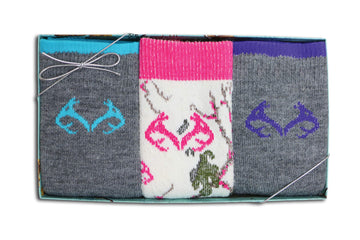 Realtree women's gift box socks grey purple with arch support for fatigue reduction