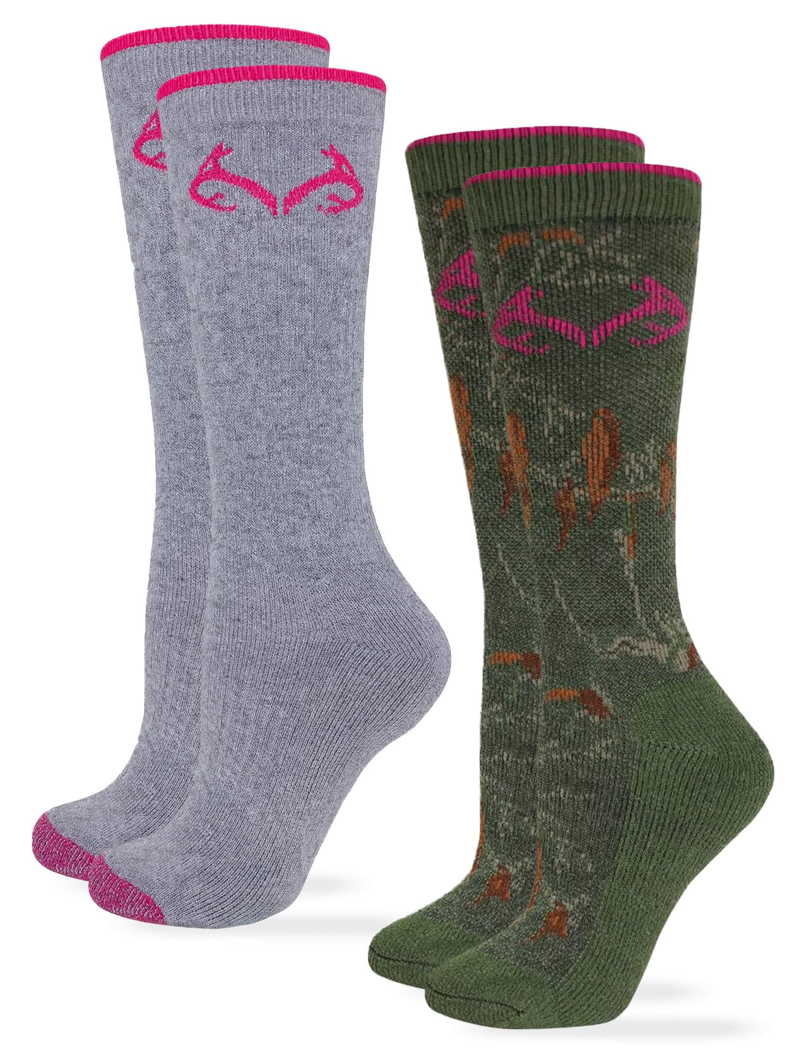 Realtree women's camo Merino wool cushion boot socks offering durable outdoor comfort.