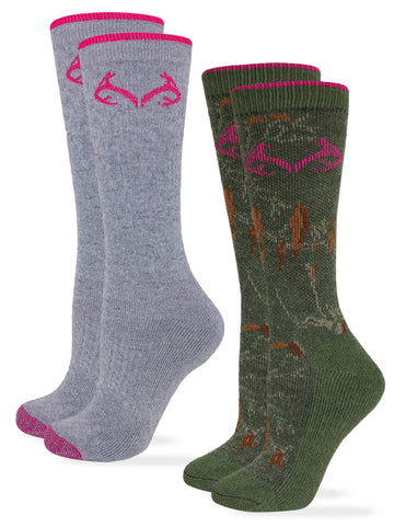 Realtree women's camo Merino wool cushion boot socks offering durable outdoor comfort.