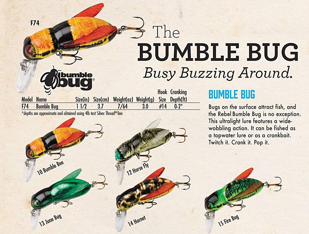 Rebel Bumble Bug crankbait action promotes versatile fishing in ponds, creeks, and streams.