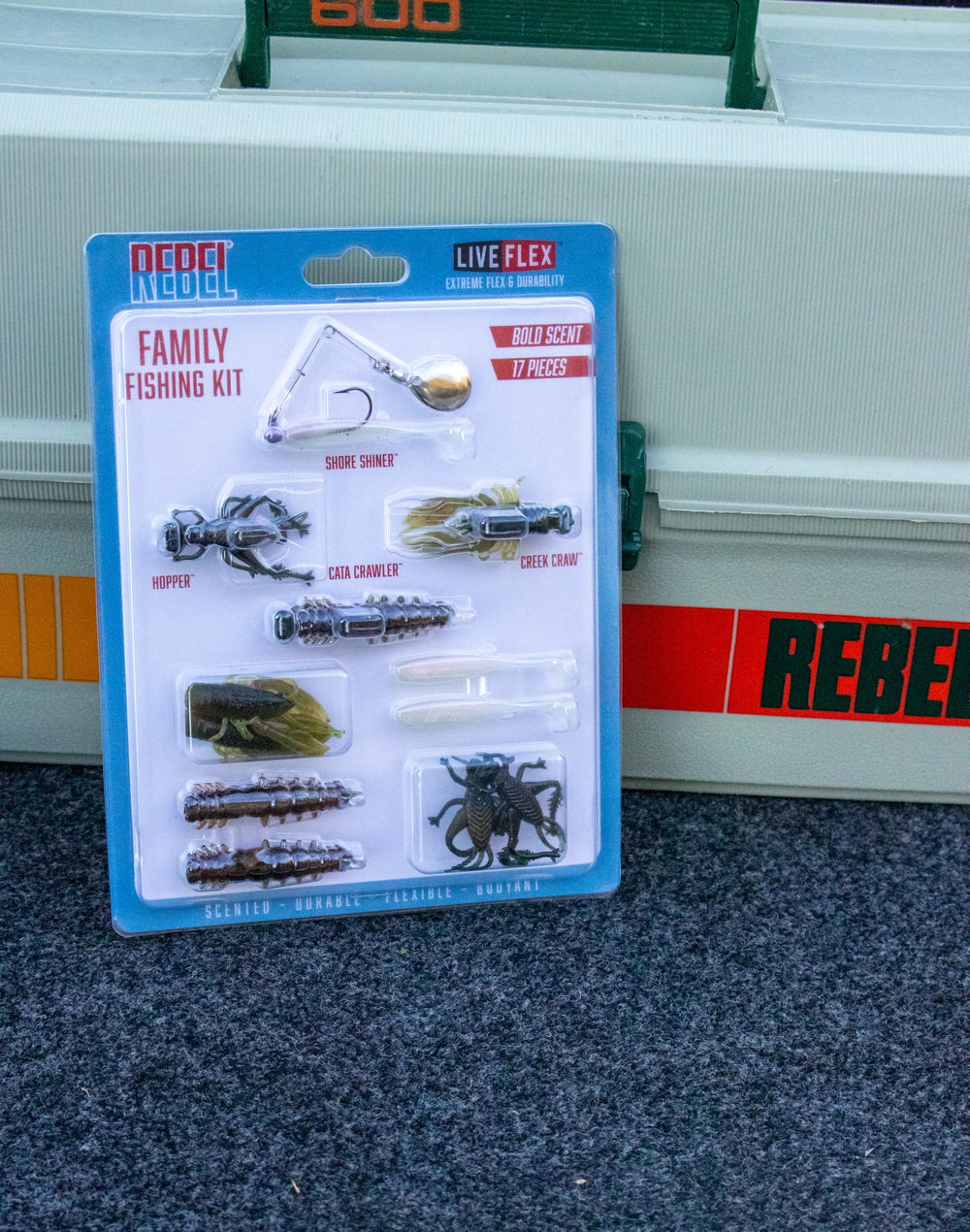 Rebel Family Fishing Kit clip-on spinner attachment for added flash