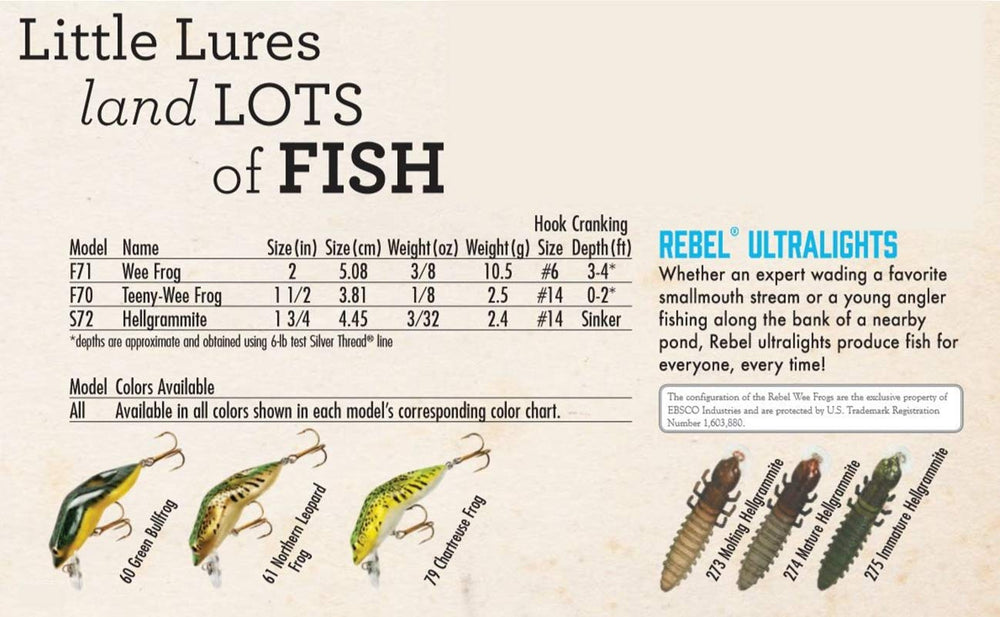 Rebel Hellgrammite bottom-searching sinking lure reaching fish near lake bottoms.
