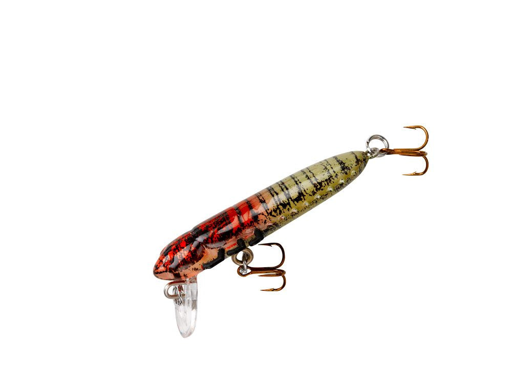 Rebel Hellgrammite lure with natural paint scheme attracting bass and trout in deeper water.