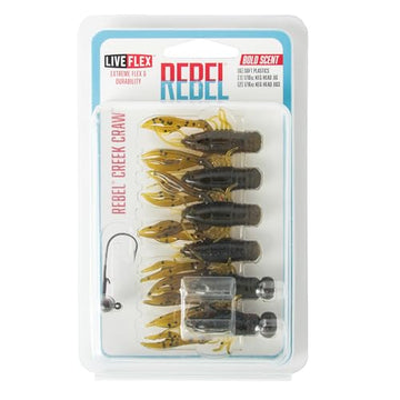 Rebel LIVEFLEX Creek Craw color-pattern during rigging shows natural prey mimic.