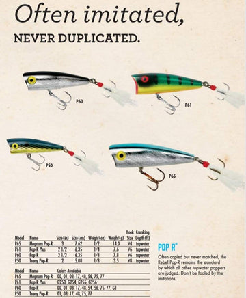Rebel Pop-R topwater lure skittering on the water surface for bass.