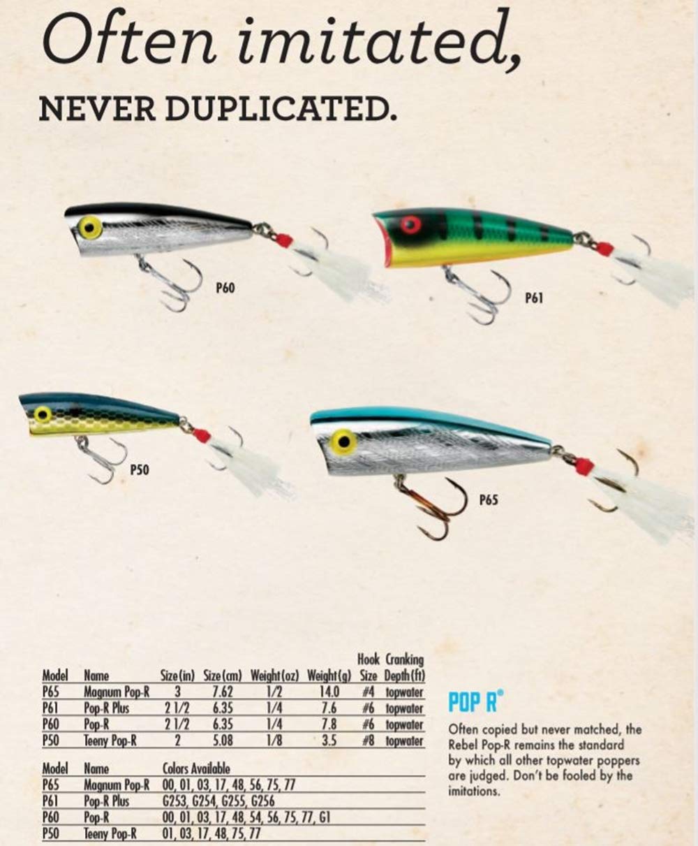 Rebel Pop-R topwater lure skittering on the water surface for bass.
