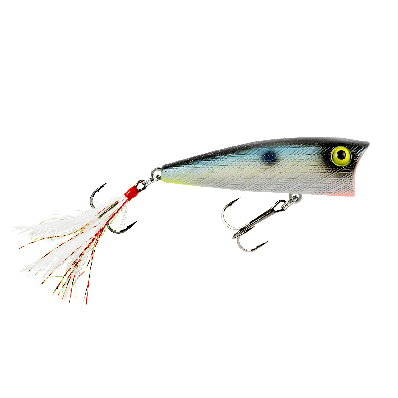 Close-up of Rebel Pop-R feather tail showing added surface attraction for pike and bass