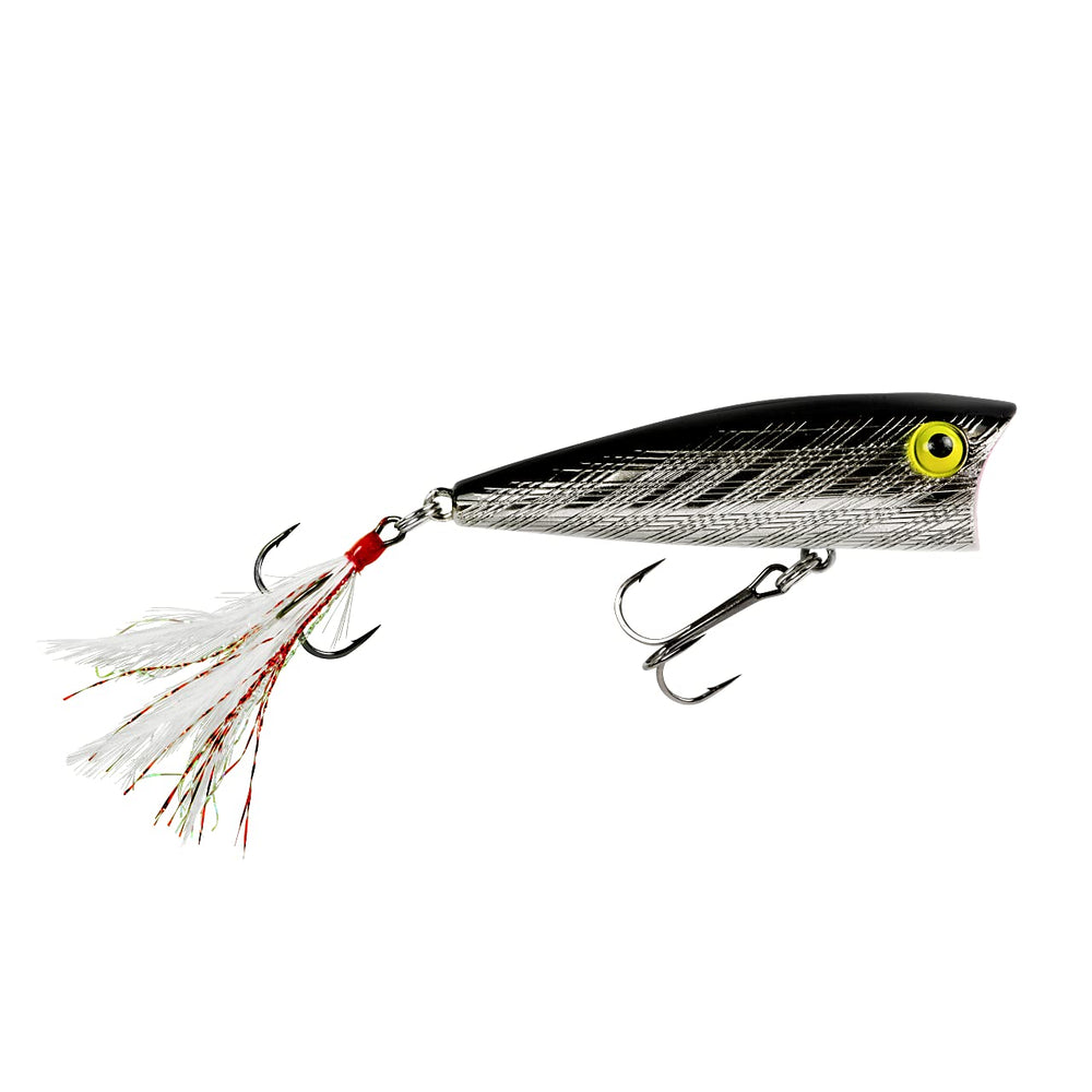 Rebel Pop-R feather tail lure in silver black designed for enticing bass on surface