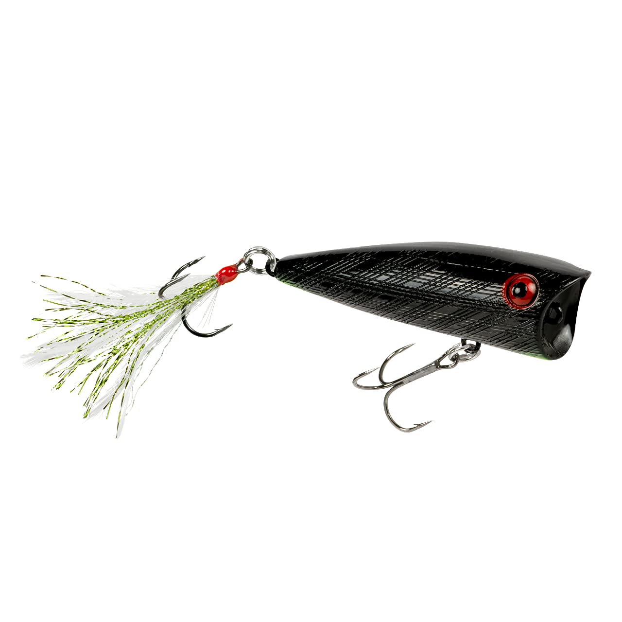 Rebel Pop-R feathered tail lure attracting bass at surface level