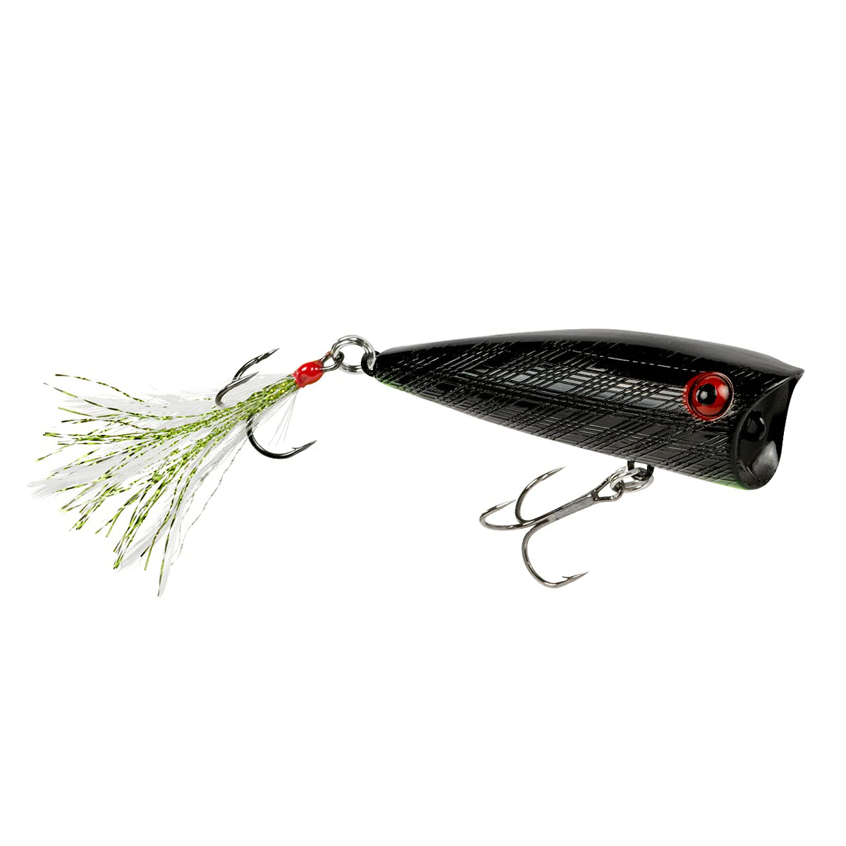 Rebel Pop-R feathered tail lure attracting bass at surface level