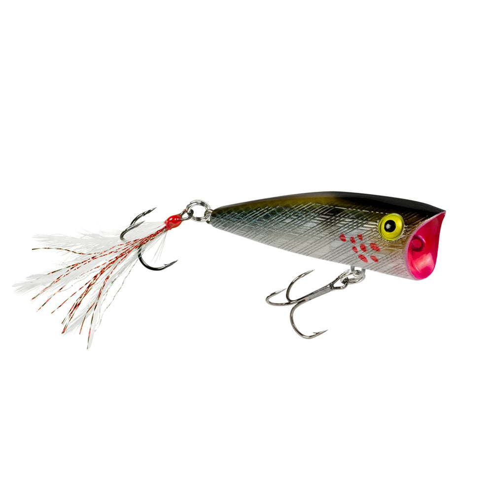 Rebel Pop-R feathered topwater lure in blue candy, front view for surface action