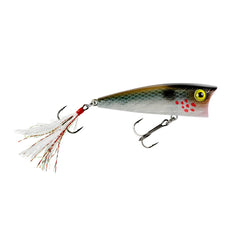 Rebel Pop-R feathered topwater lure in blue candy, side view for long, accurate casts