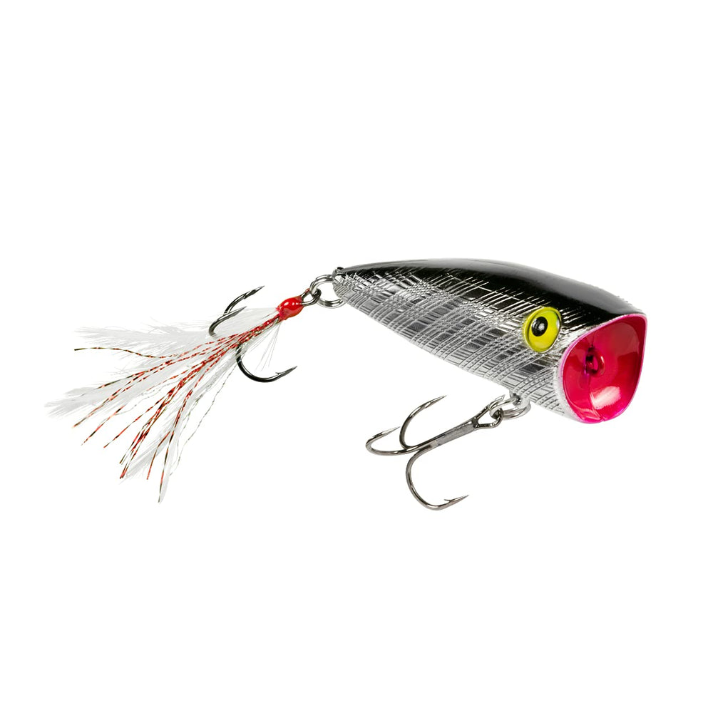 Rebel Pop-R feathered topwater popper in silver black ready for surface strikes