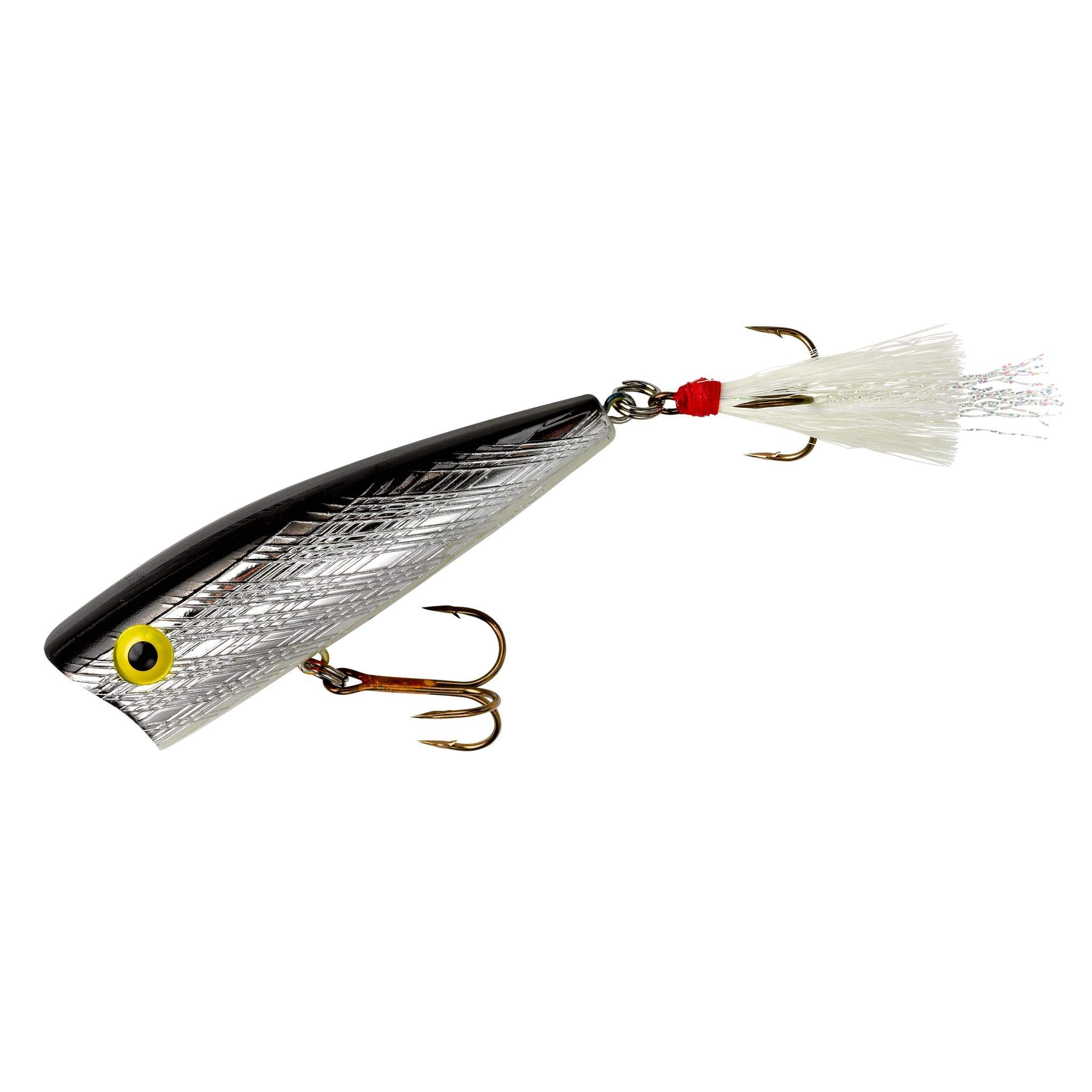 Rebel Pop-R topwater lure in silver and black, front view for casting accuracy.