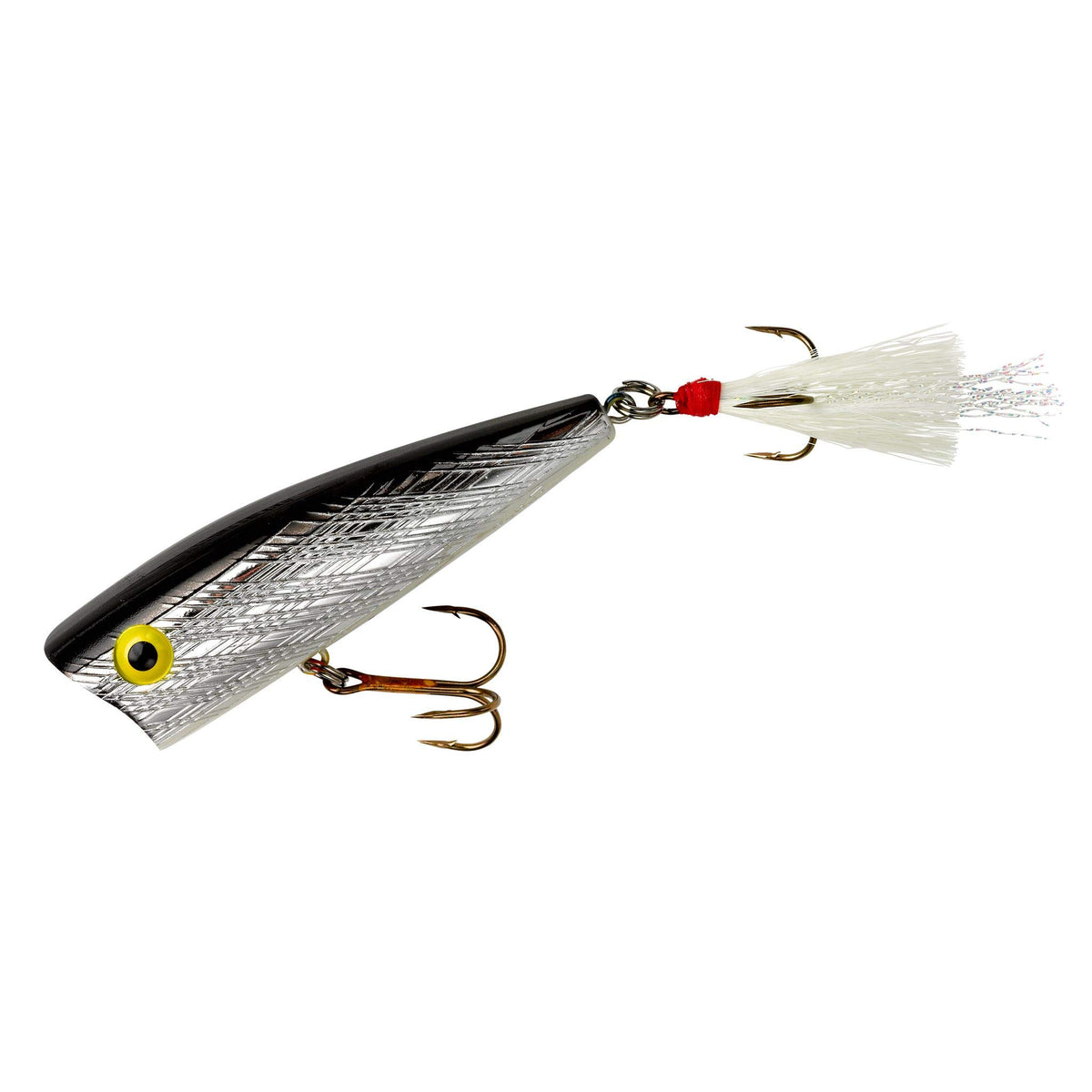 Rebel Pop-R topwater lure in silver and black, front view for casting accuracy.