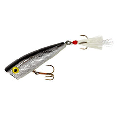 Rebel Pop-R topwater lure in silver and black, front view for casting accuracy.